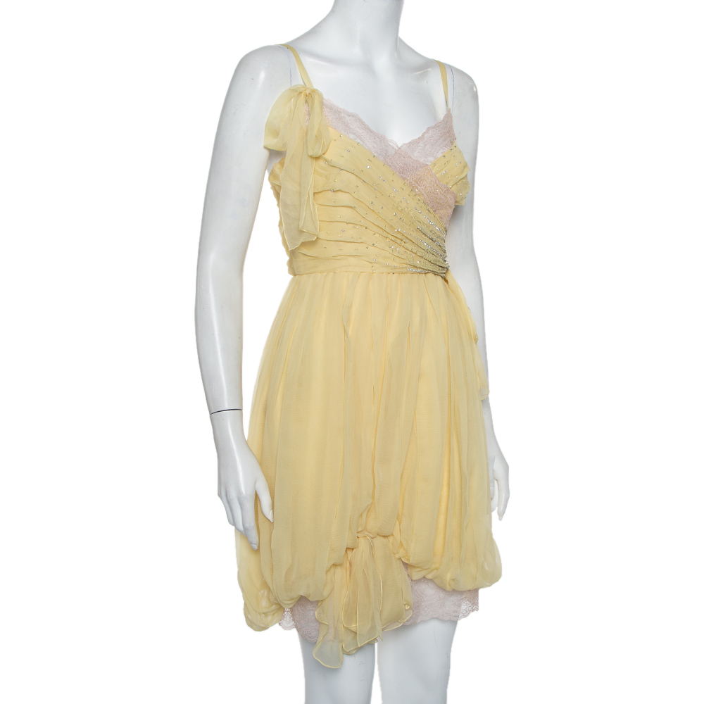 

Christian Dior Yellow Embellished Silk Lace Detail Mini Dress