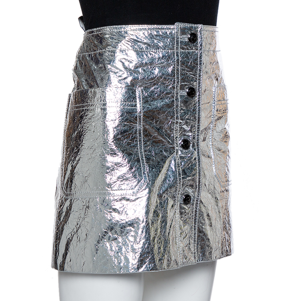 

Christian Dior Metallic Silver Lambskin Button Front Mini Skirt