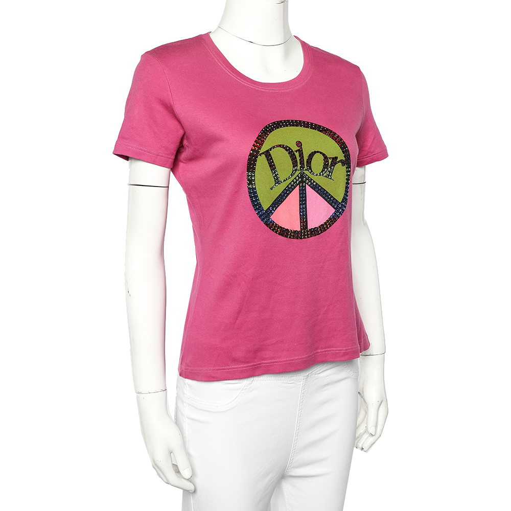 

Christian Dior Boutique Pink Cotton Embellished Logo Roundneck T-Shirt