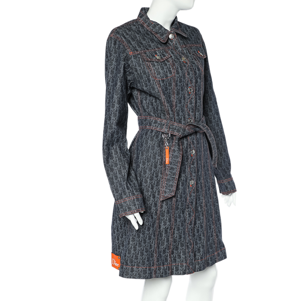 

Christian Dior Navy Blue Trotter Patterned Denim Belted Coat