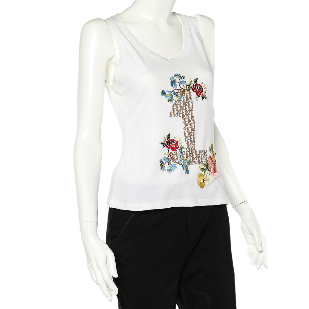 

Christian Dior White Cotton Logo Printed Floral Embroidered Tank Top