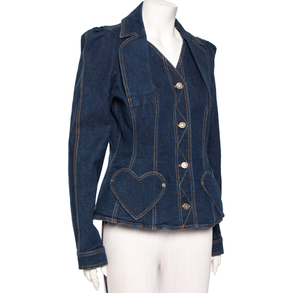 

Christian Dior Navy Blue Floral Embroidered Denim Button Front Jacket