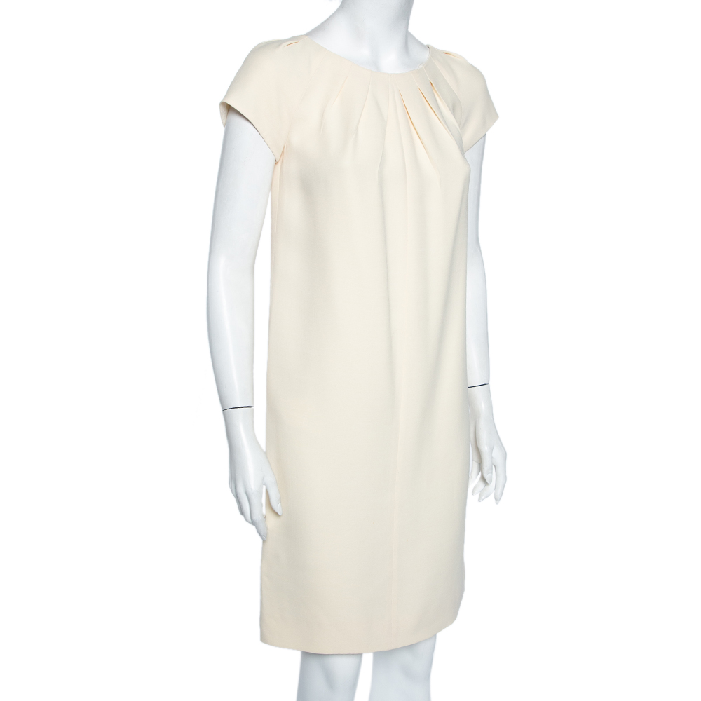 

Christian Dior Cream Silk & Wool Pleated Neck Detail Shift Dress
