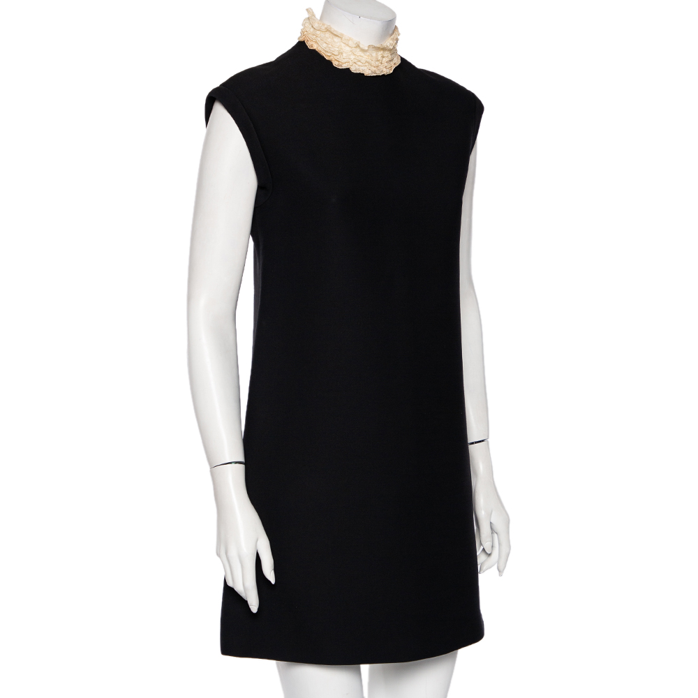 

Christian Dior Black Wool Ruffled Lace Neck Trim Shift Dress