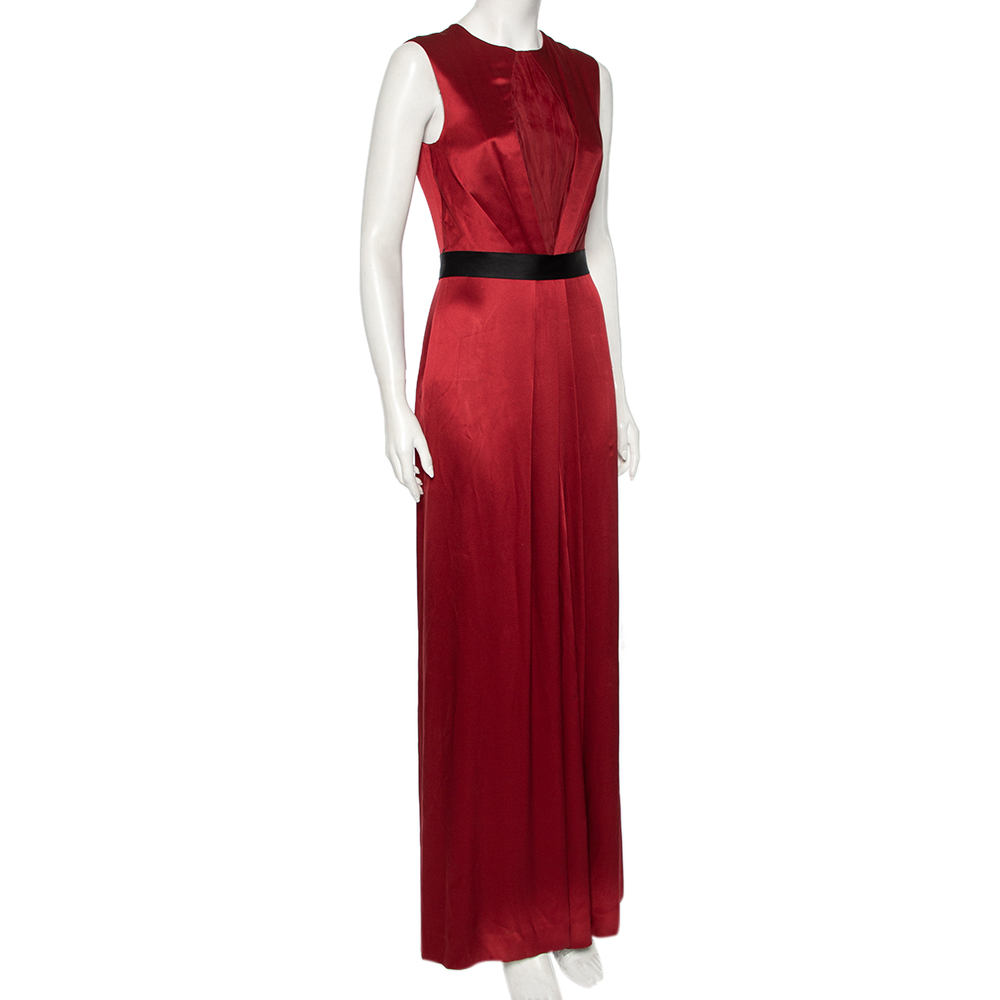 

Dior Crimson Red Silk And Chiffon Draped Bodice Inset Belted Maxi Dress