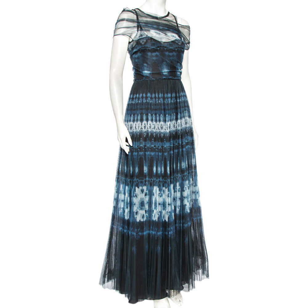 

Dior Navy Blue Tie Dye Printed Tule Draped Off Shoulder Gown