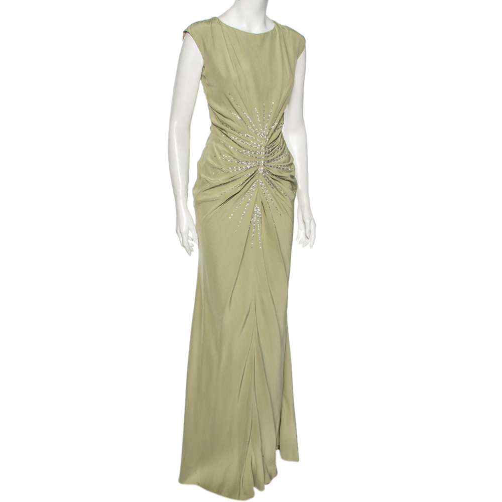 

Dior Mint Green Silk Embellished Gathered Maxi Dress