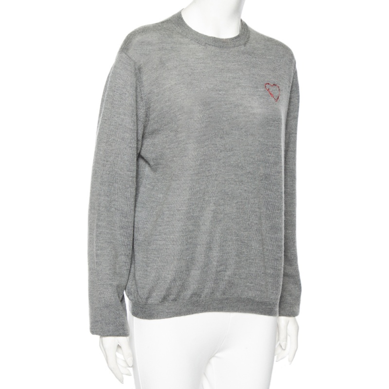 

Dior Grey Cashmere Heart Logo Embroidered Long Sleeve Sweater