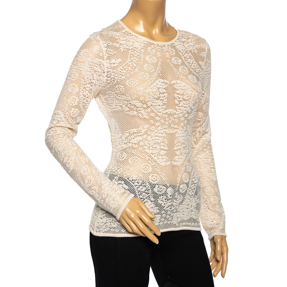 

Christian Dior Cream Crochet Knit Long Sleeve Sheer Top