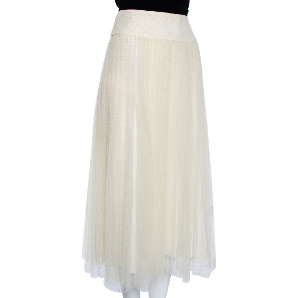 

Dior Cream Textured Tulle Overlay Gathered Midi Skirt