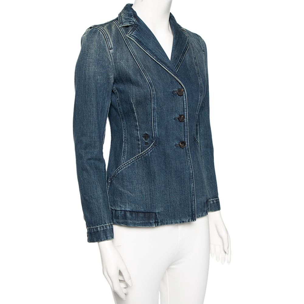 

Dior Blue Denim Embroidered Bee Detailed Button Front Blazer Jacket