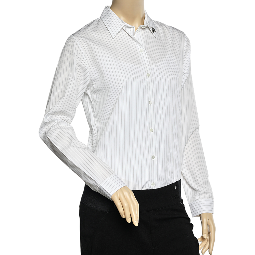 

Christian Dior White Striped Cotton Bee Embellished Button Front Shirt