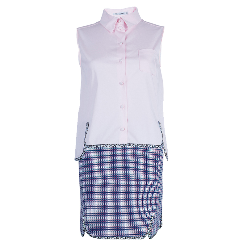 Dior Pink Shirt and Jaquard Skirt Matched Piping Detail Set S