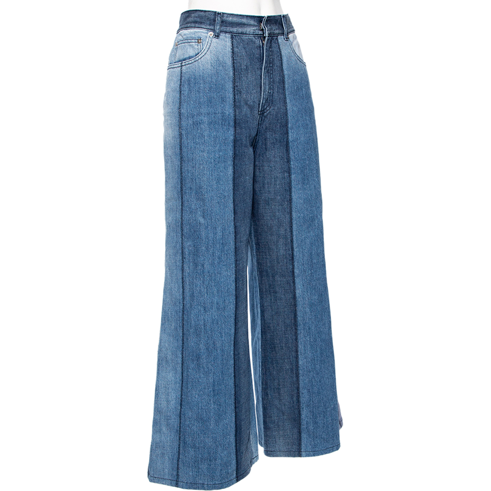 

Dior Blue Patchwork Stitched Denim High Waisted Wide Leg Jeans