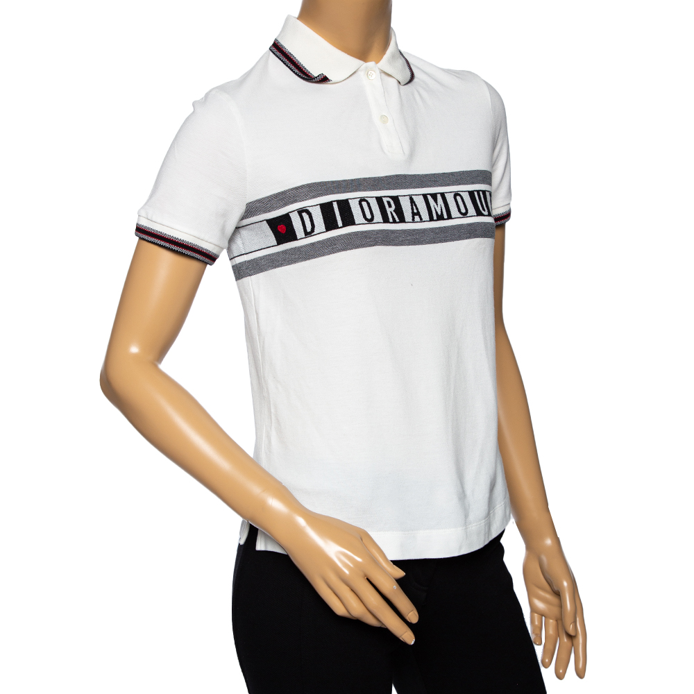 

Dior White Cotton Pique Dior Amour Striped Polo T-Shirt