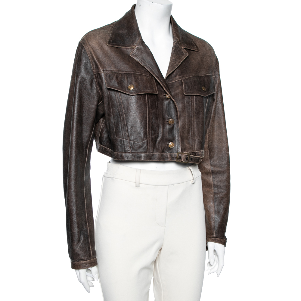 

Dior Vintage Brown Leather Button Front Cropped Jacket