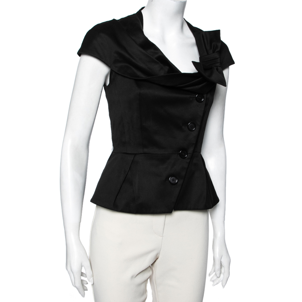 

Dior Black Cotton Button Bow Front Detailed Pleated Hem Top