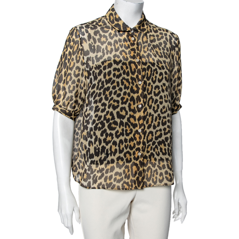 

Dior Brown Leopard Printed Silk Puffed Short Sleeve Blouse