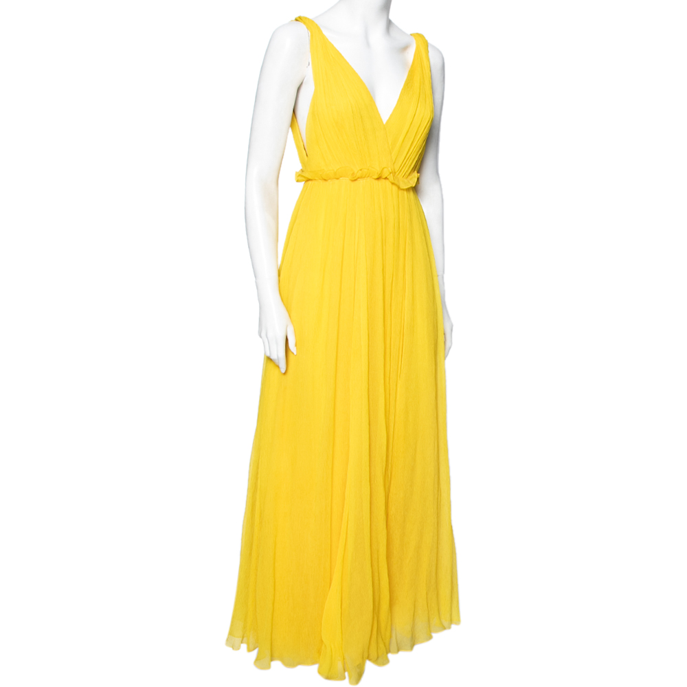 

Christian Dior Yellow Silk Chiffon Plunge Neck Maxi Dress