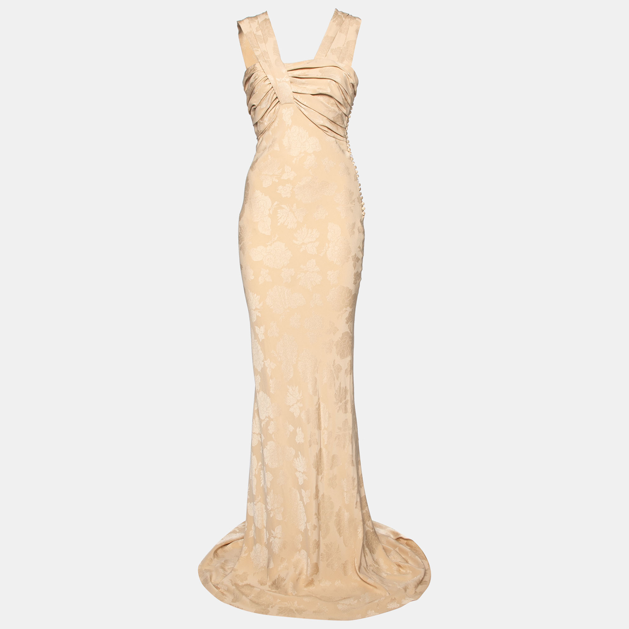 Dior Beige Floral Jacquard Silk Sleeveless Maxi Dress M