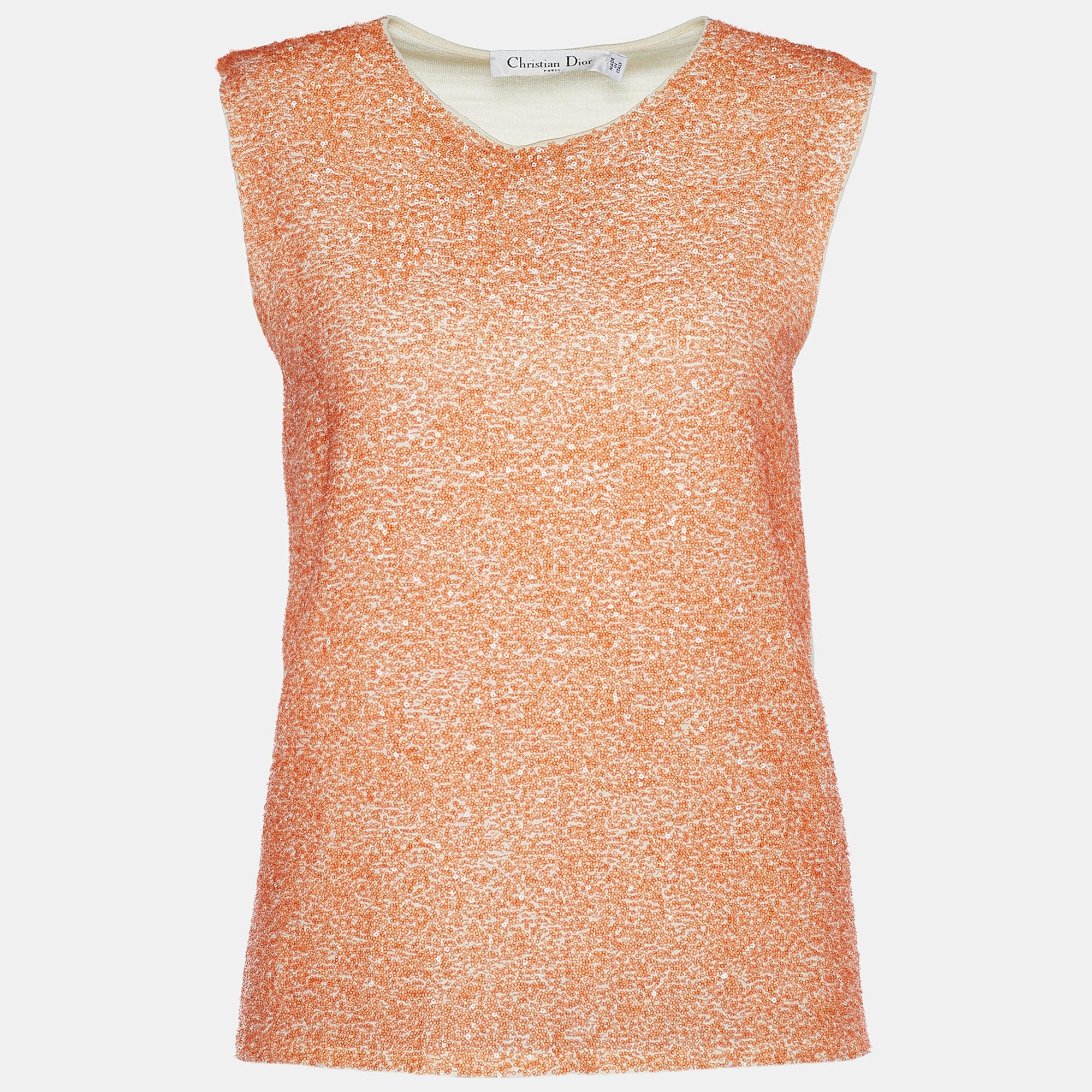 Pre-owned Dior Orange Sequinned Cashmere Silk Sleeveless Top M