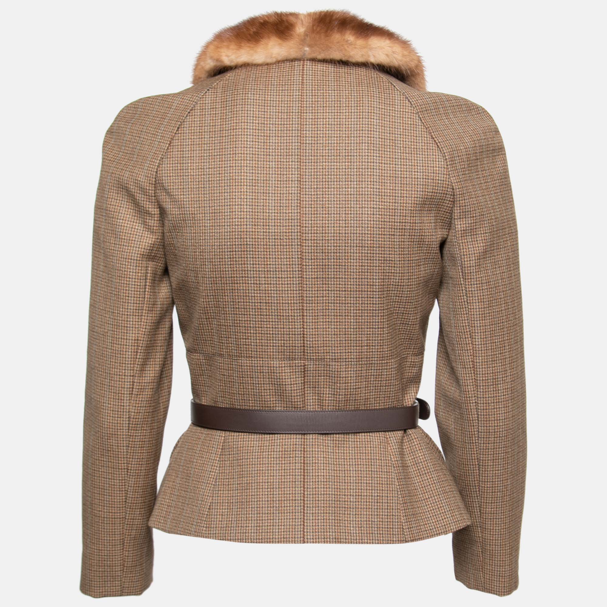 

Dior Brown Houndstooth Wool Fur Trim Belted Jacket