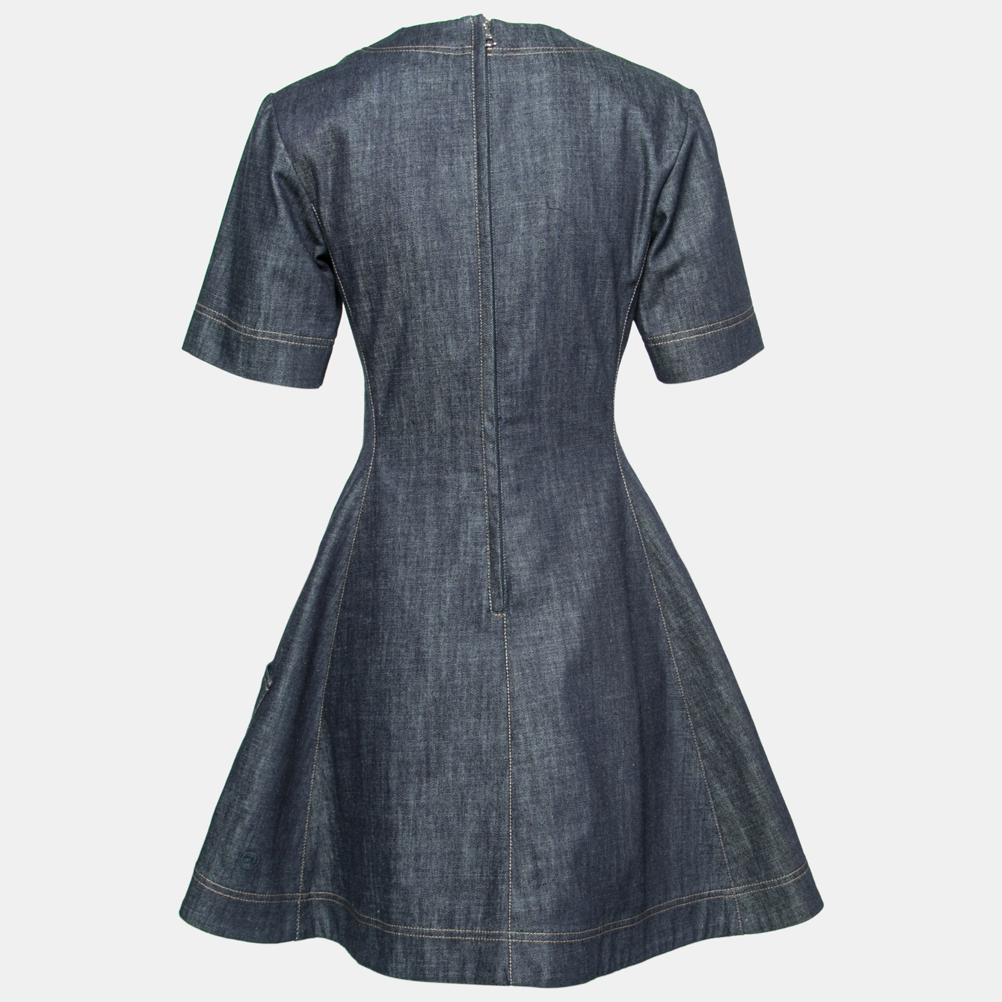 

Dior Blue Denim Crew Neck Crystal Embellished Pocket Flared Dress