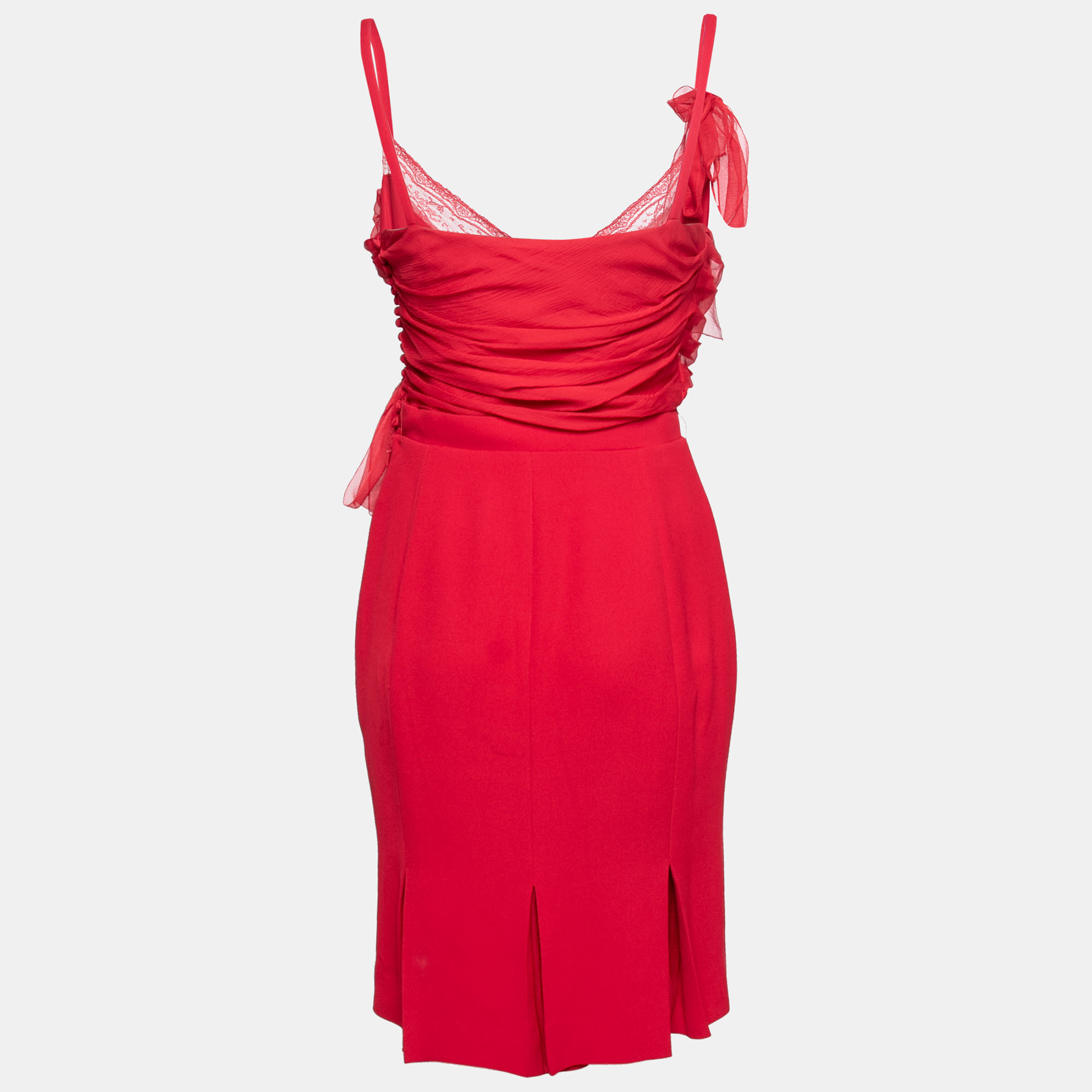 

Dior Red Silk Lace Detailed Ruched Sleeveless Midi Dress