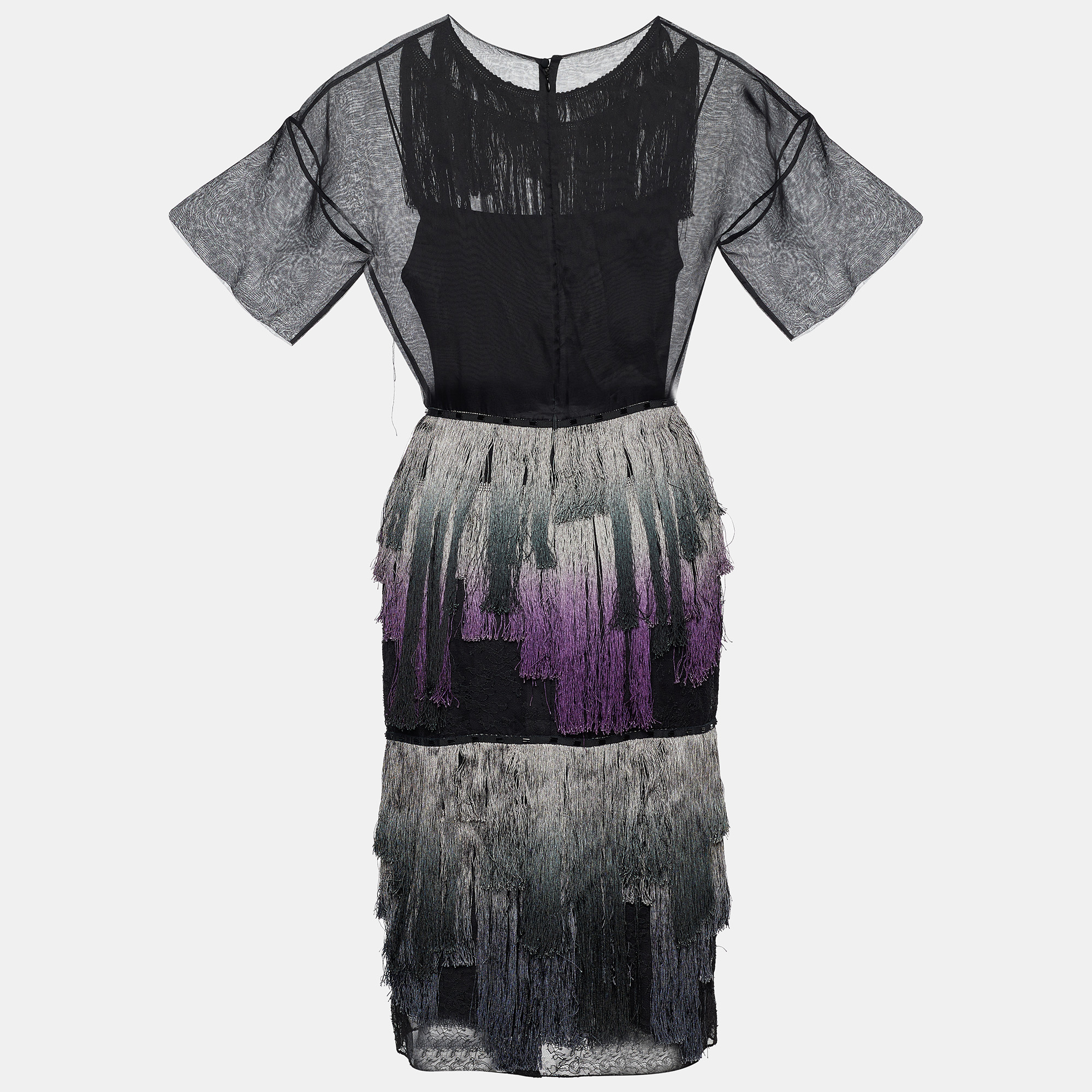 

Dior Black Silk & Lace Ombre Fringe Tiered Midi Dress