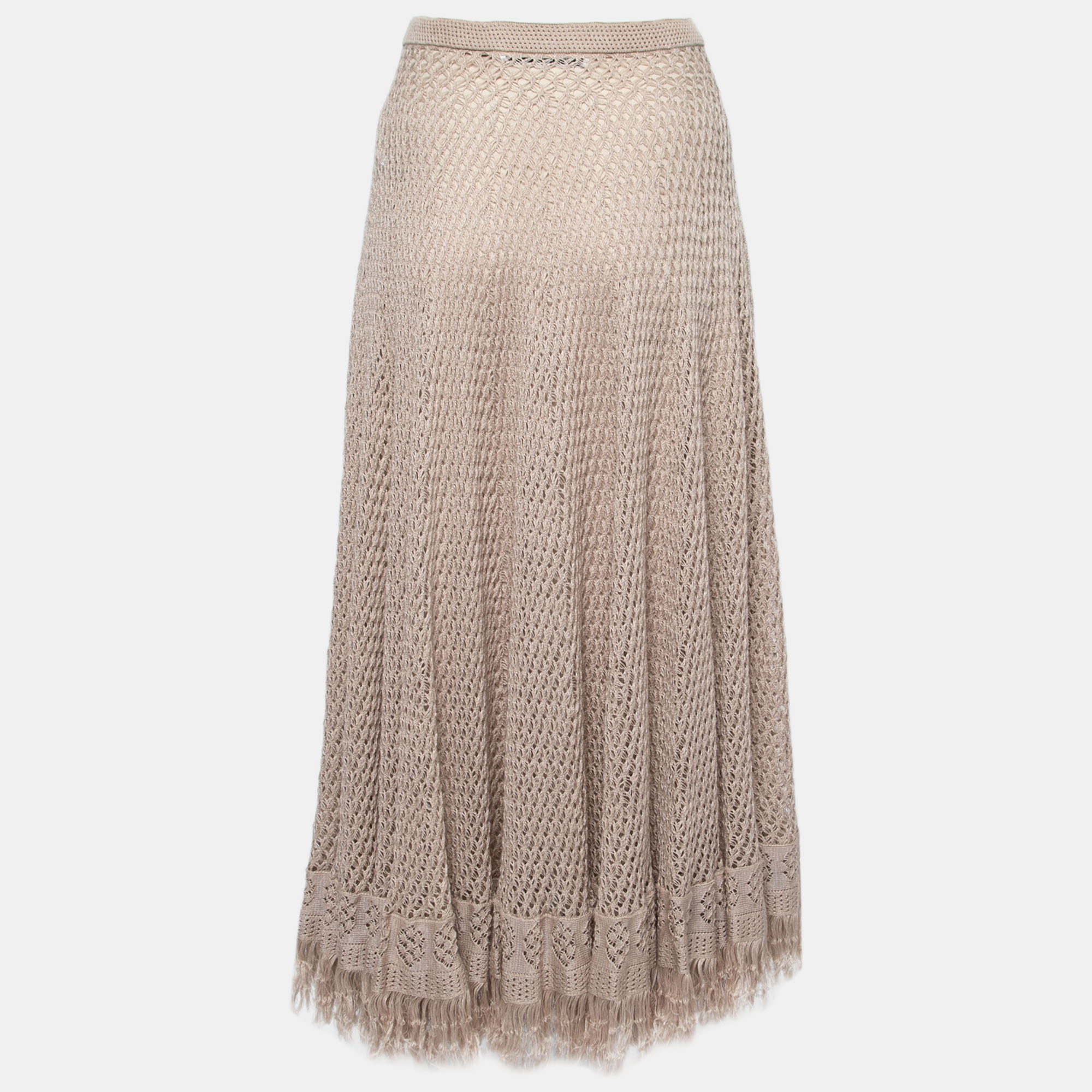 

Dior Beige Patterned Open Knit Linen Fringed Skirt