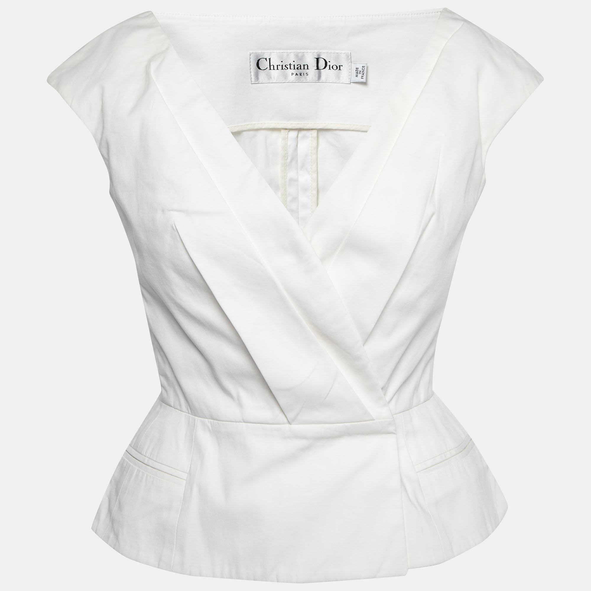 Pre Owned Christian Dior White Cotton Pleated Peplum Top S