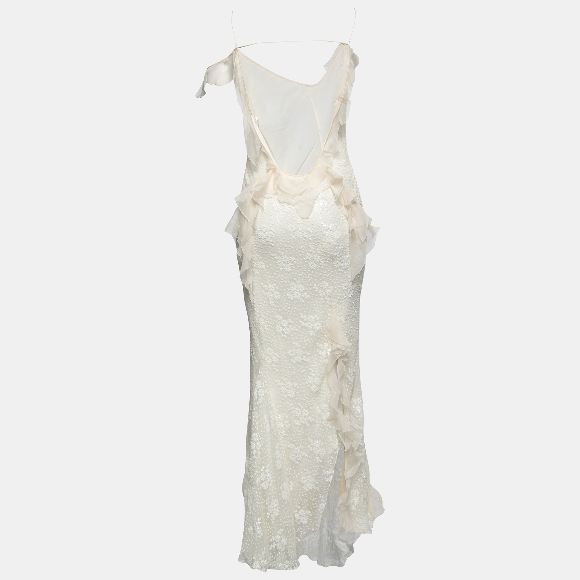 

Dior Off White Patterned Silk Ruffle Trimmed Sleeveless Maxi Dress