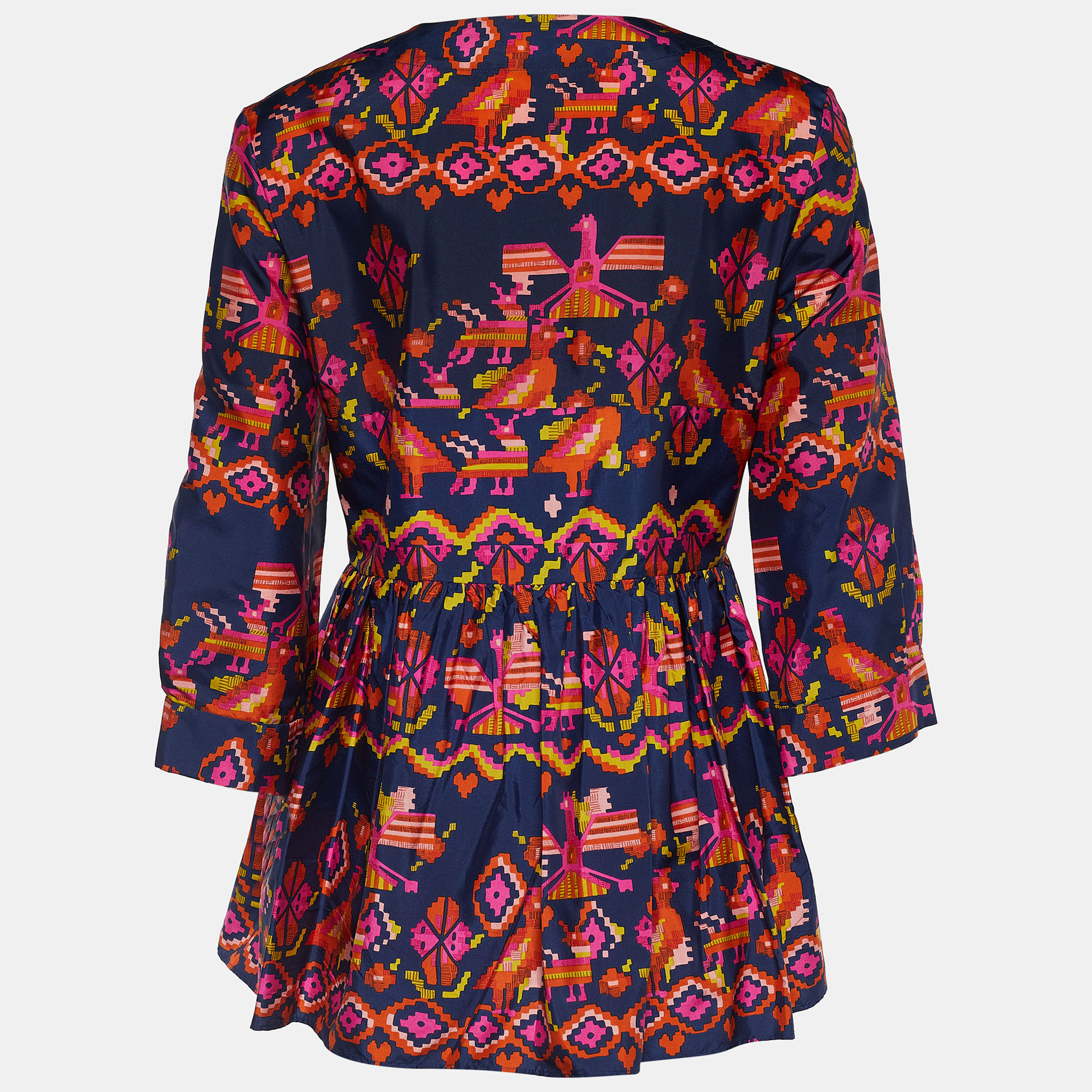 

Dior Blue & Print Aztec Print Silk V Neck Blouse