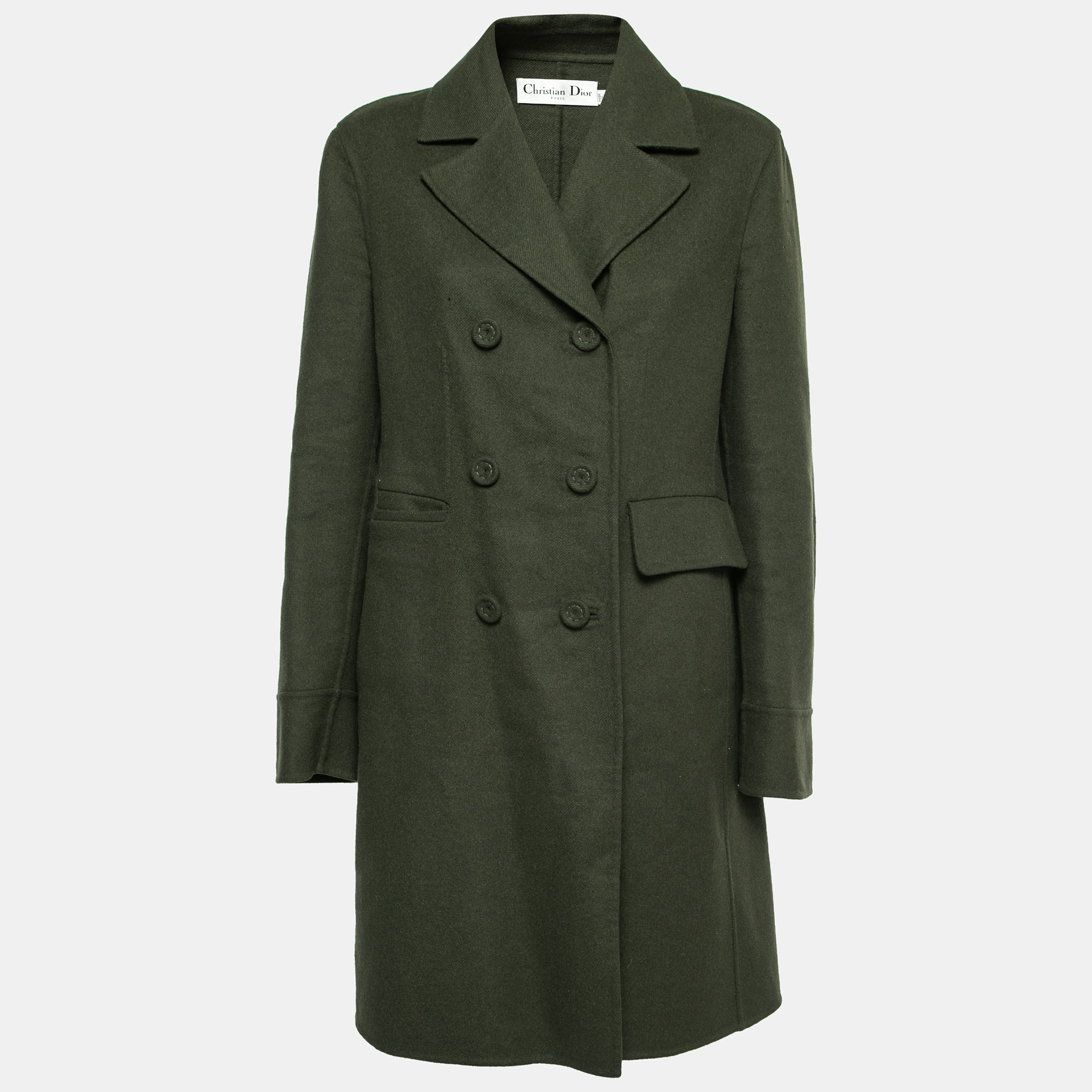 Pre Owned Dior Olive Green Wool & Angora Button Front Belted Coat L
