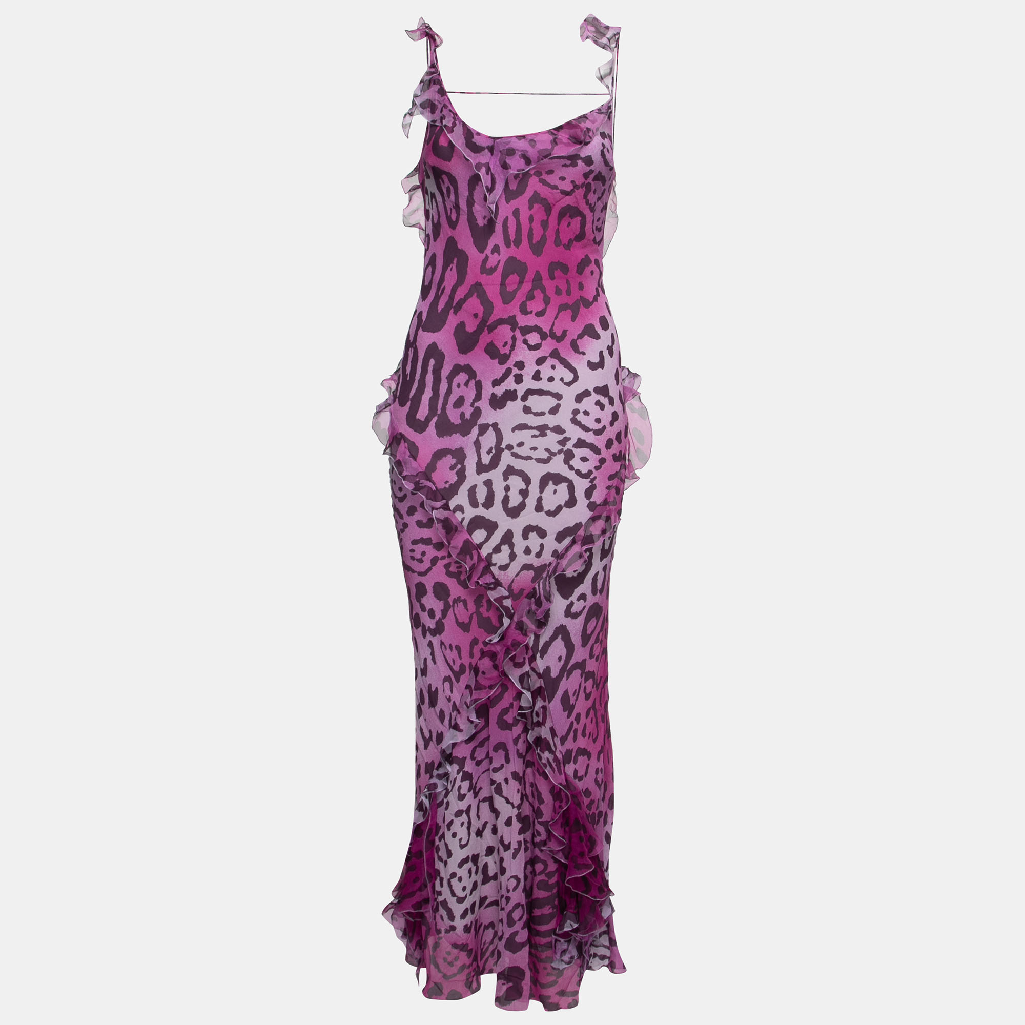 Pre Owned Christian Dior Purple Cheetah Prink Silk-Chiffon Asymmetric Ruffled Dress M