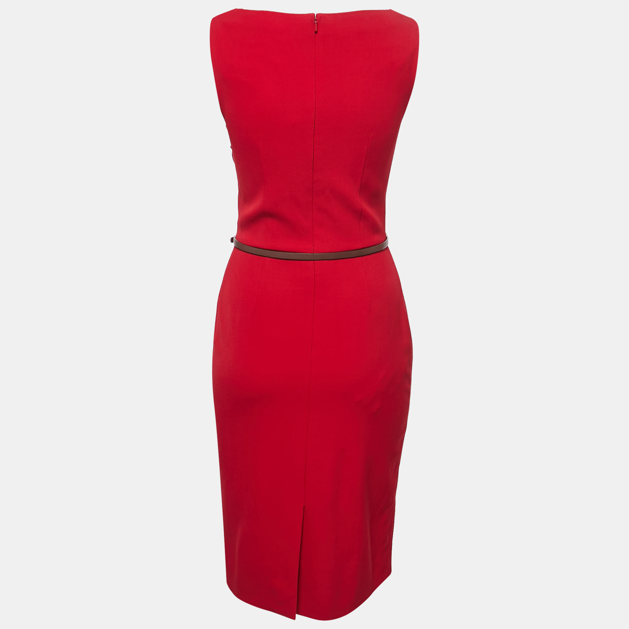 

Dior Rouge Red Wool Sleeveless Belted Midi Dress