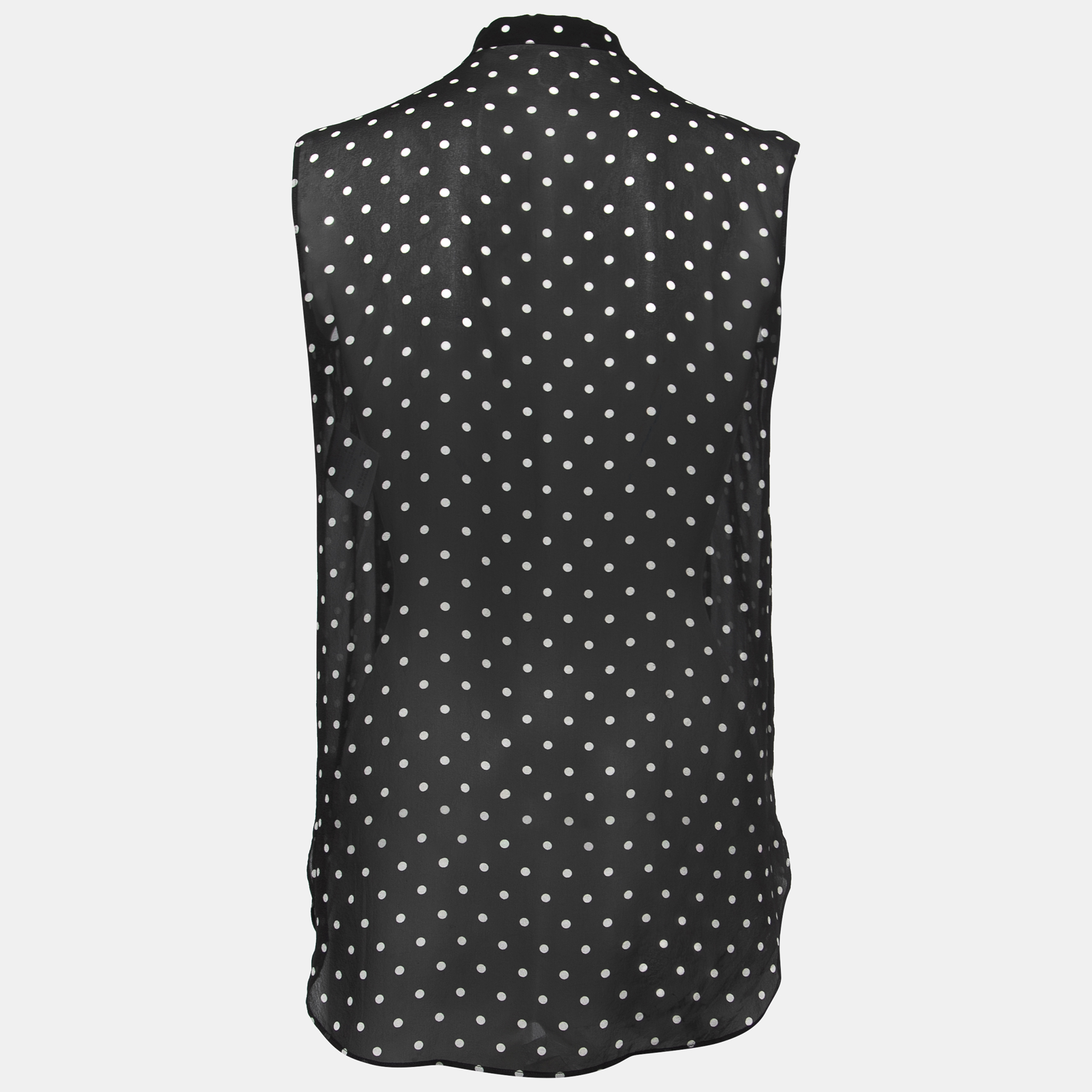 

Christian Dior Black Polka-Dot Print Silk Tie-Neck Sleeveless Top