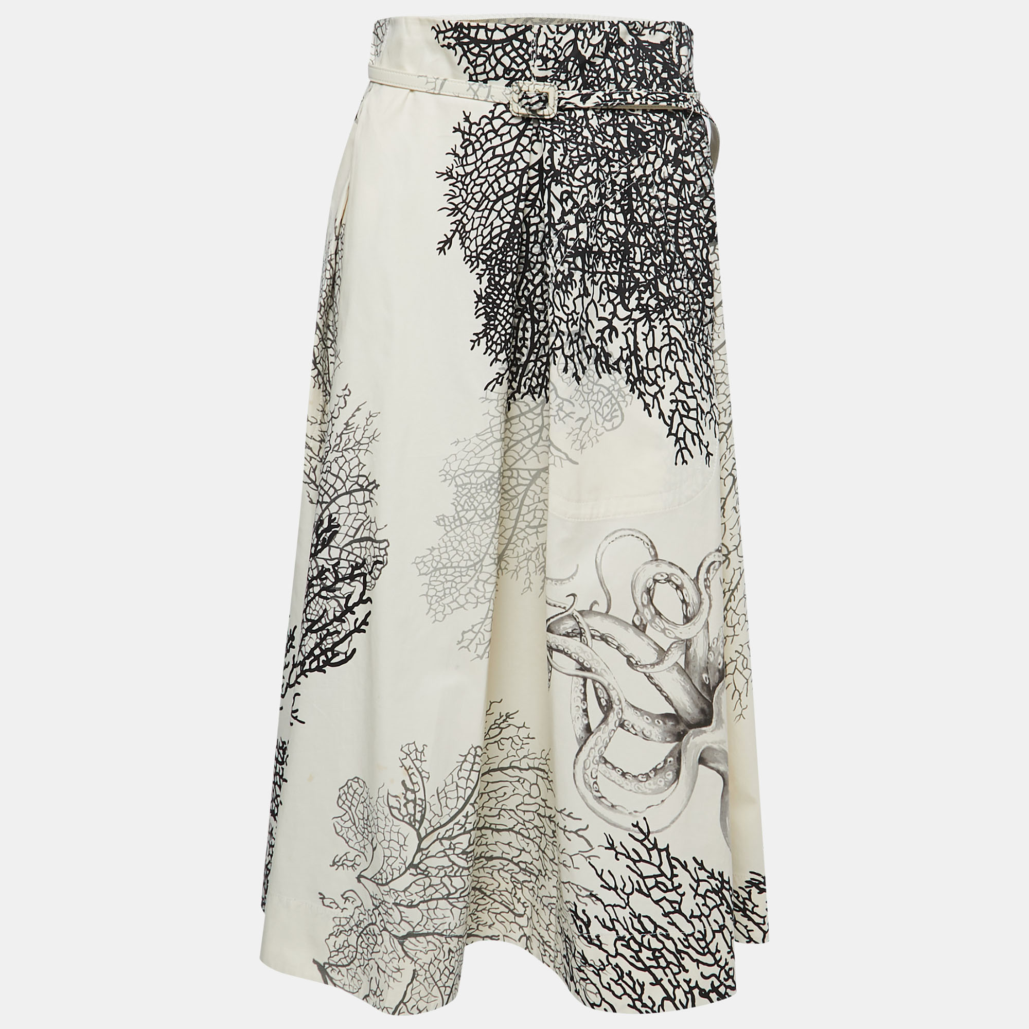 Pre Owned Dior Monochrome Coral Reef Print Cotton Belted Skirt L