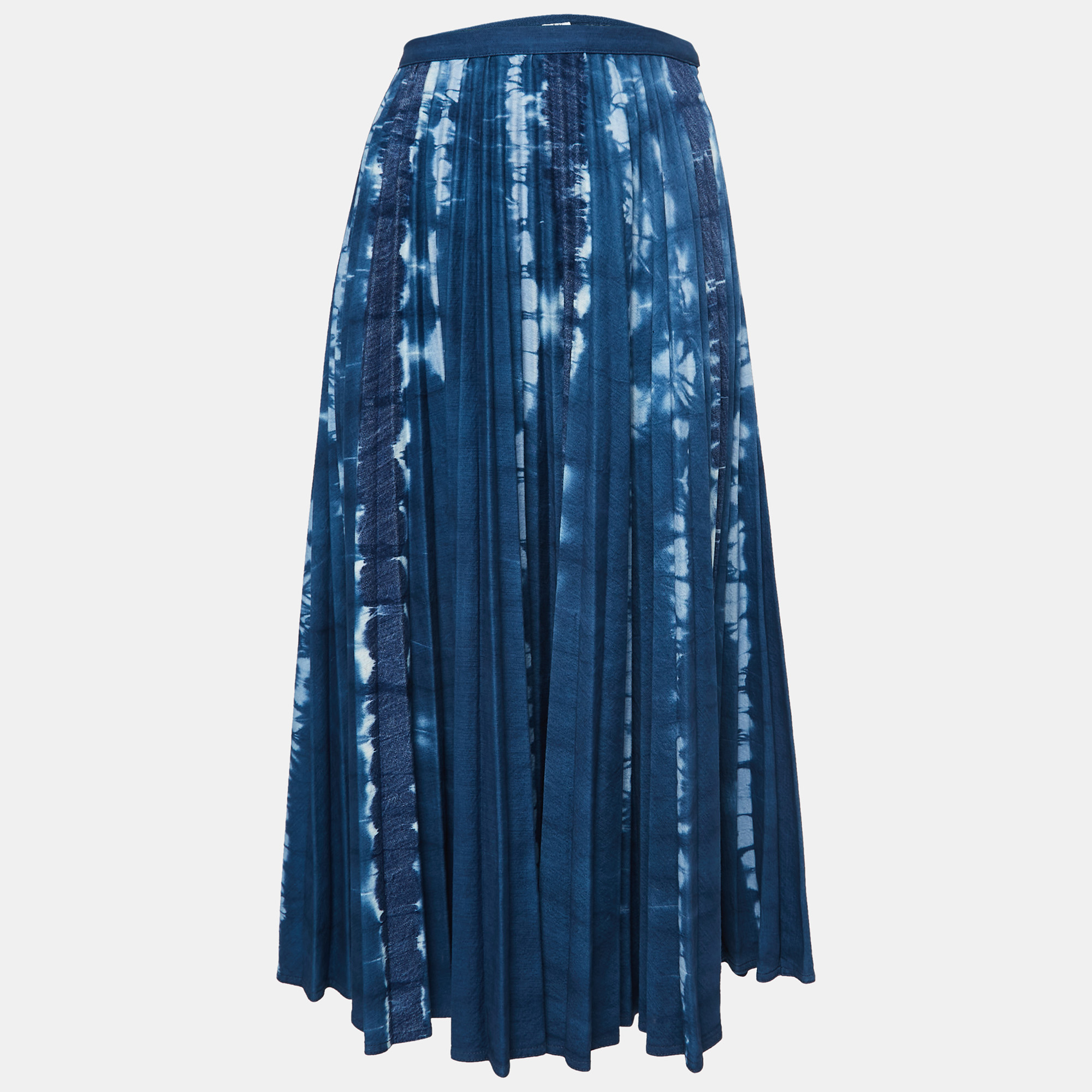 Pre Owned Dior Navy Blue Tie Dye Denim Pleated Midi Skirt M