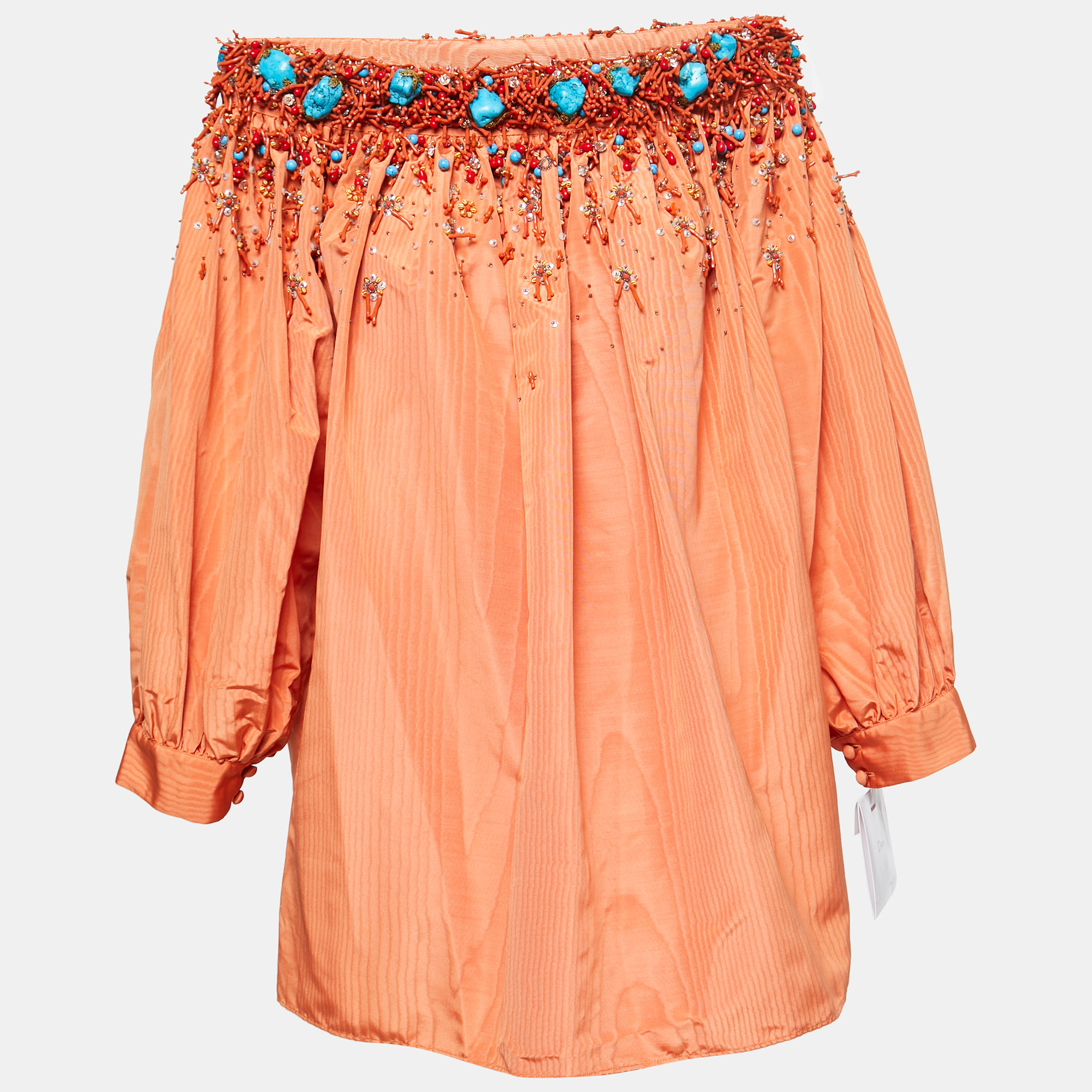 Pre-owned Dior Christian  Orange Silk Embellished Off Shoulder Top M