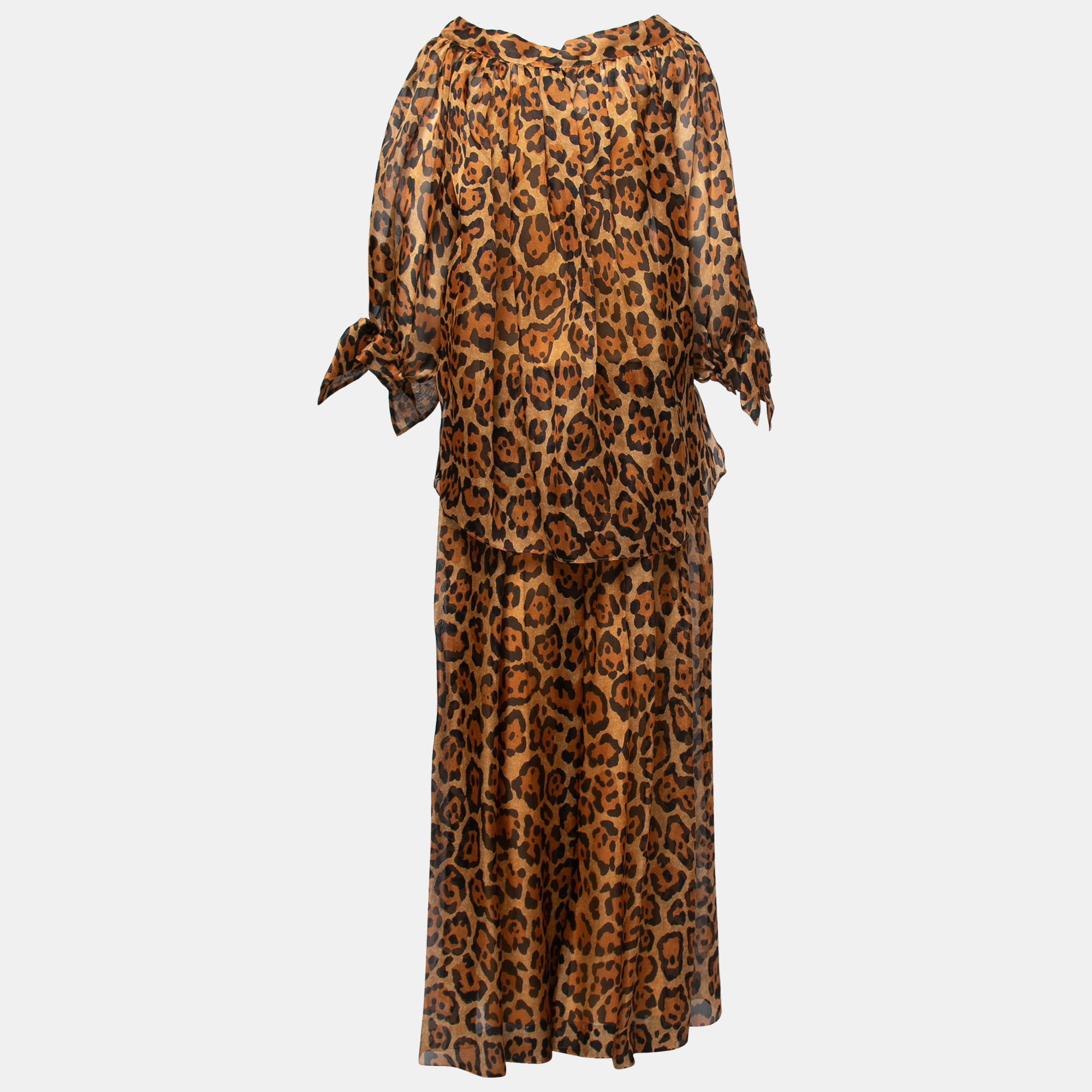 

Christian Dior Brown Animal Print Silk Top & Pants Set