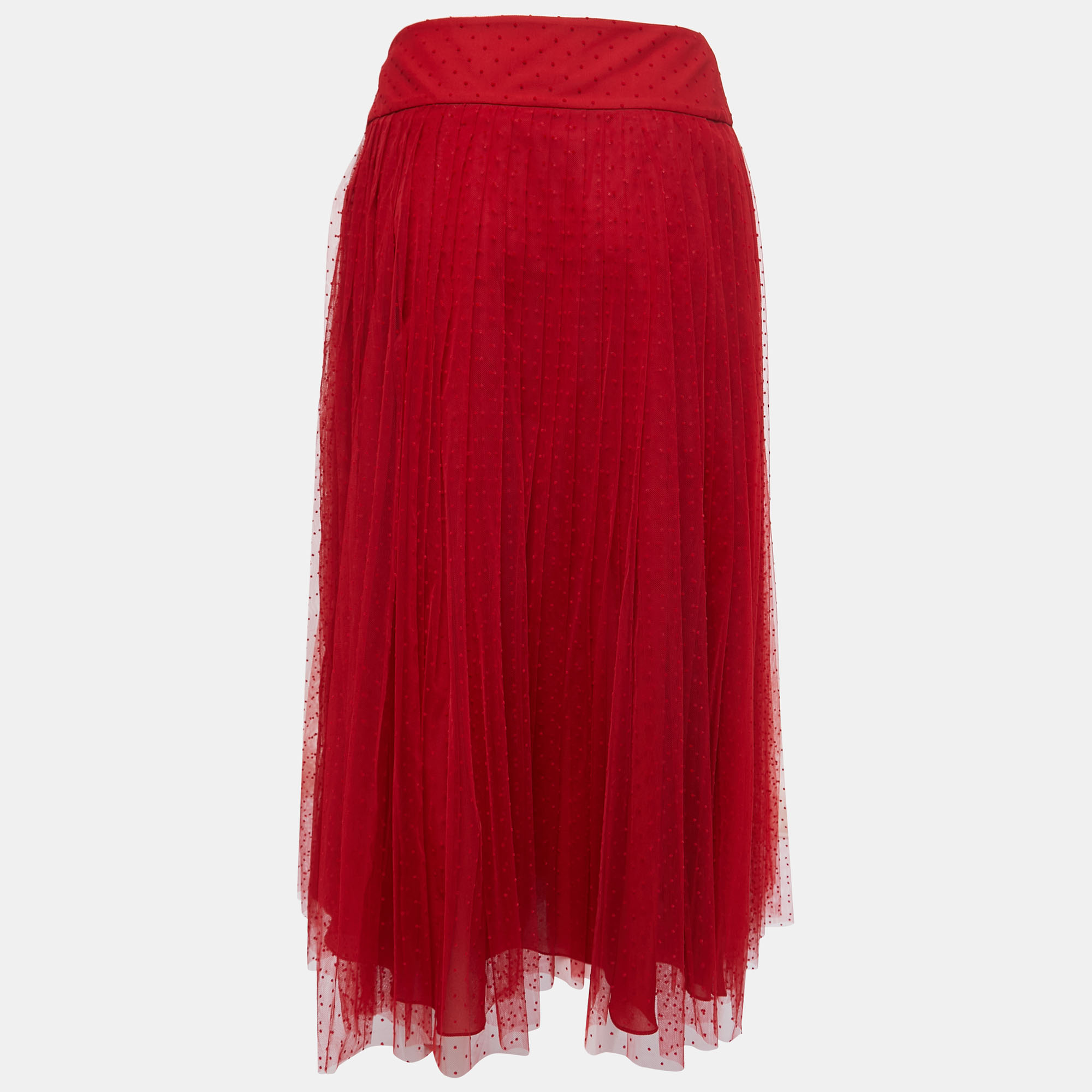 

Christian Dior Red Polka Dotted Tulle Overlay Gathered Midi Skirt