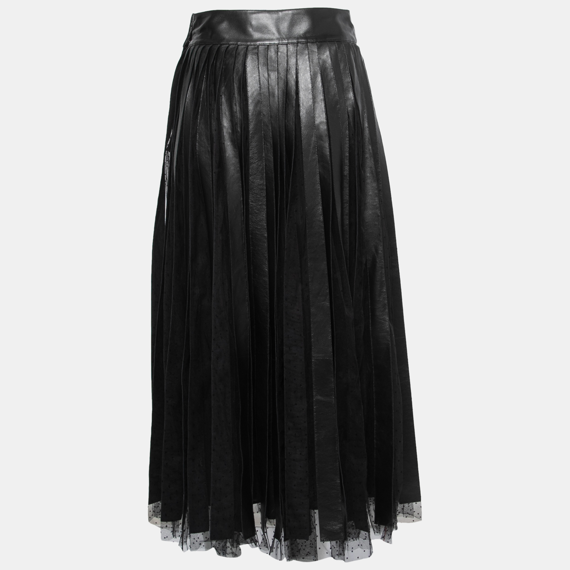 

Christian Dior Black Leather & Tulle Paneled Midi Skirt