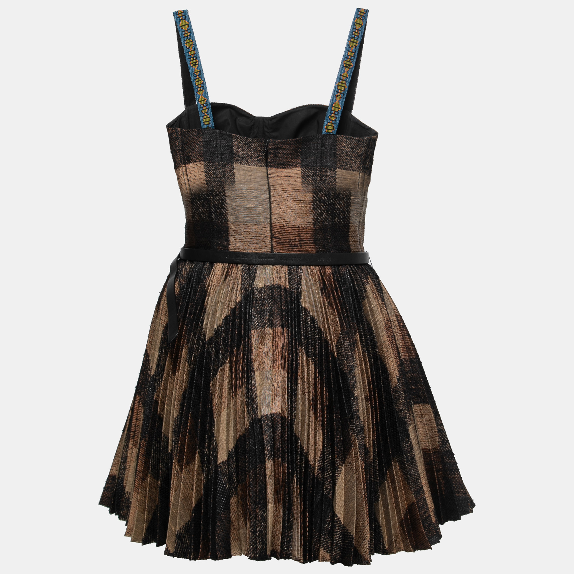 

Dior Black and Brown Silk Blend Beaded Strap Pleated A-line Mini Dress