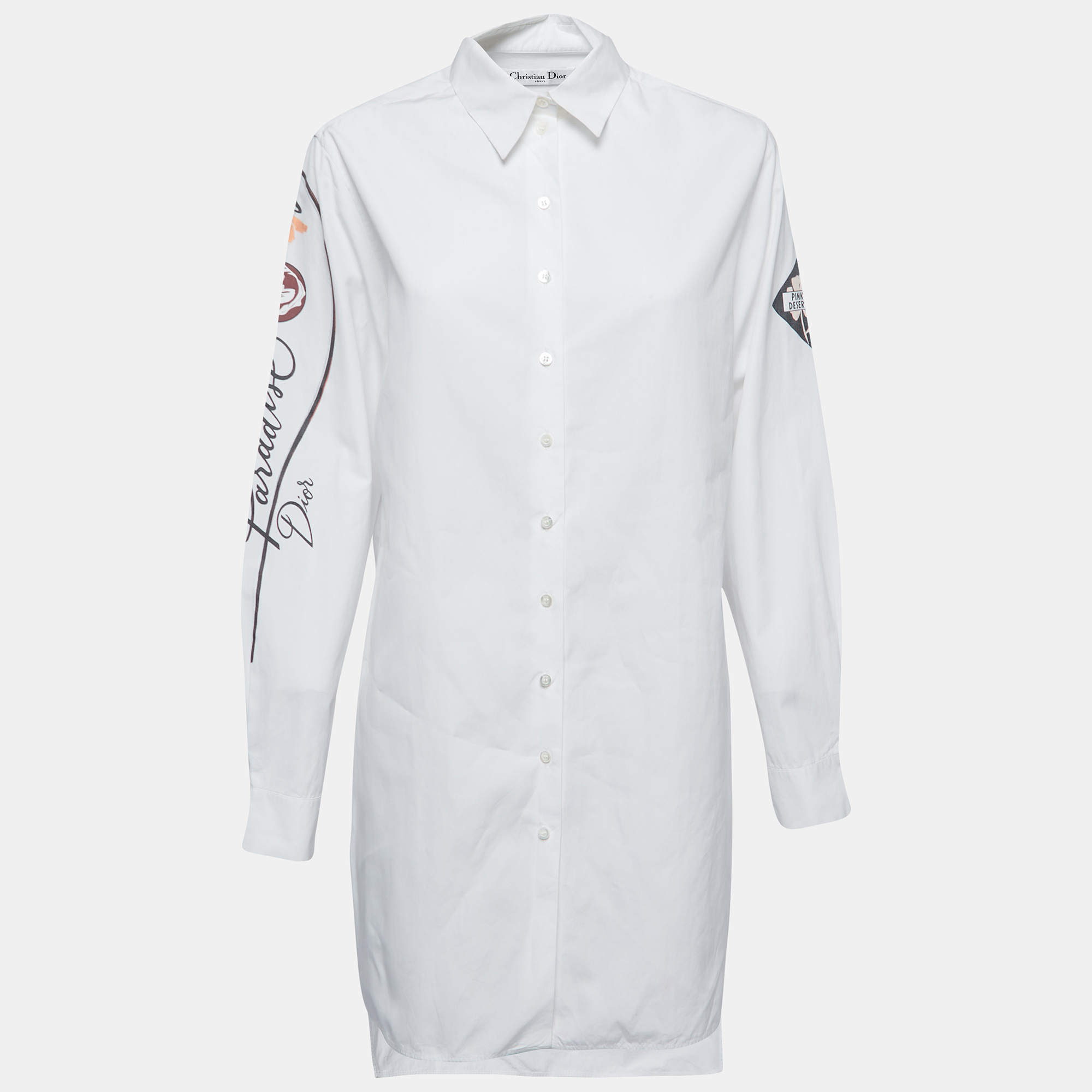 مملوكة مسبقًا Dior White Cotton PARADISE Printed Full Sleeve Oversized Shirt M