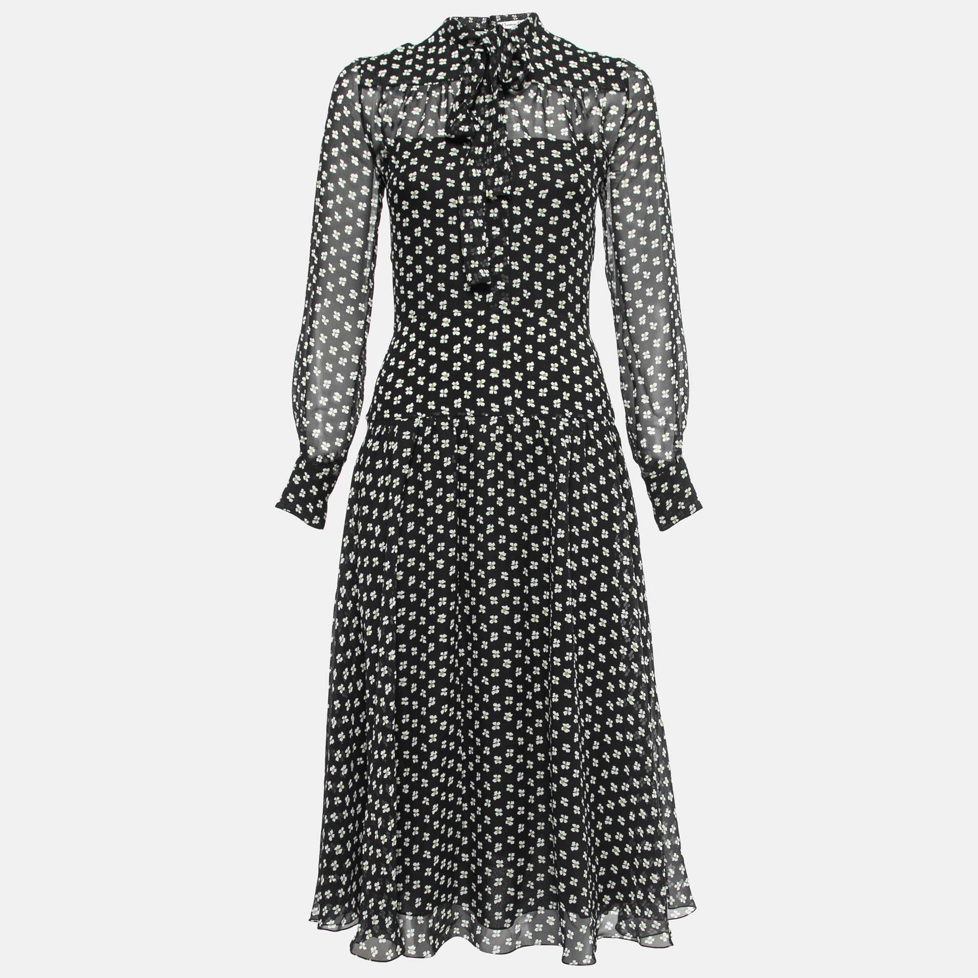 Pre Owned Dior Black Floral Printed Silk Button Front Flared Midi Dress S