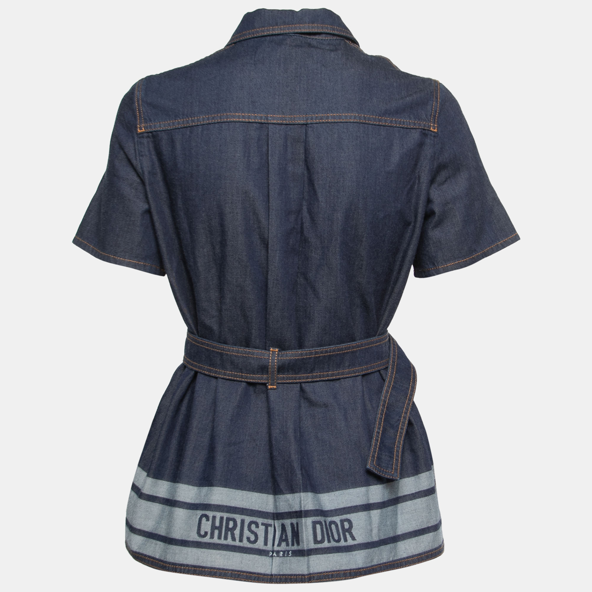 

Christian Dior Blue Denim Couture Belted Short Sleeve Shirt