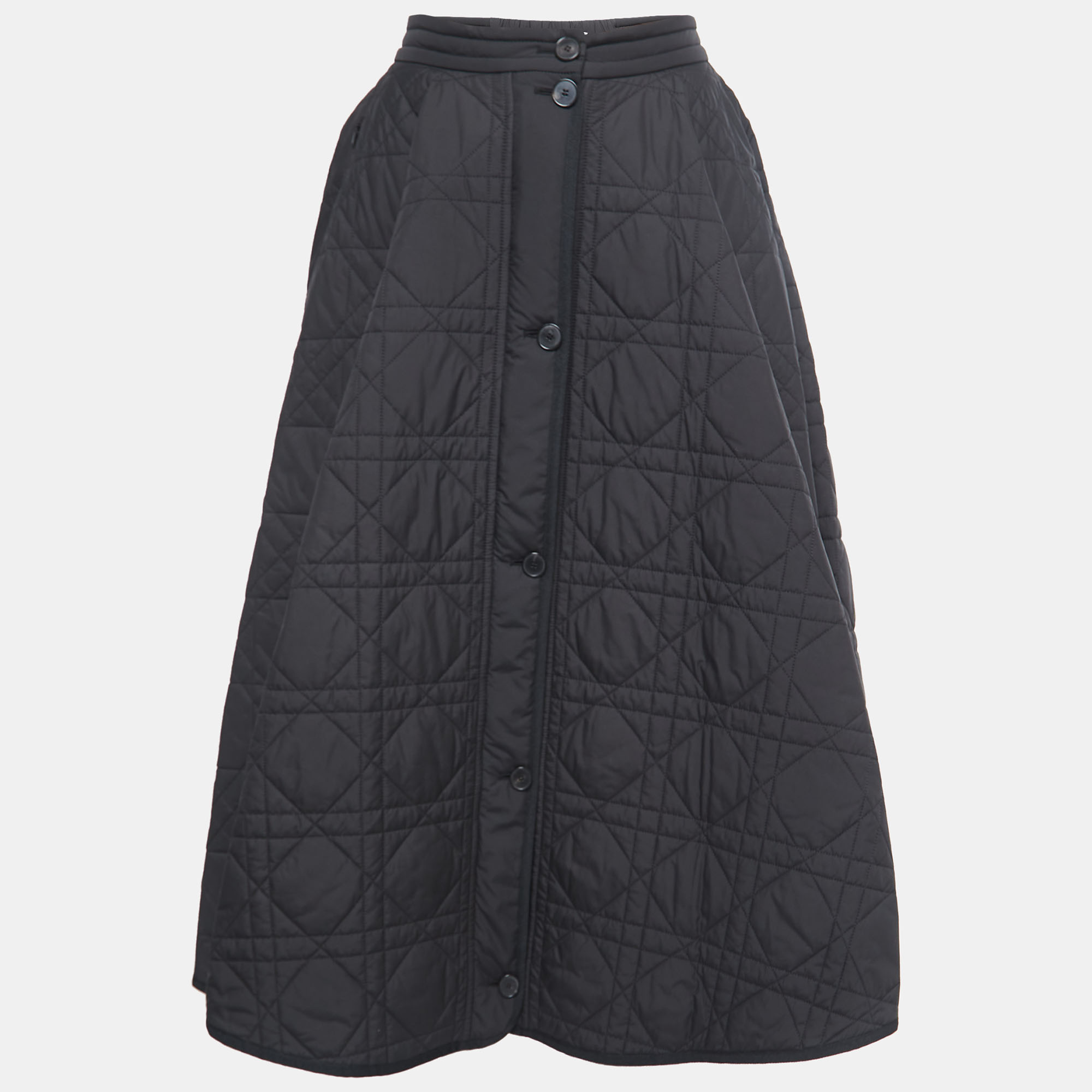 Pre Owned Dior Black Macro Cannage Quilted Synthetic A-Line Midi Skirt M