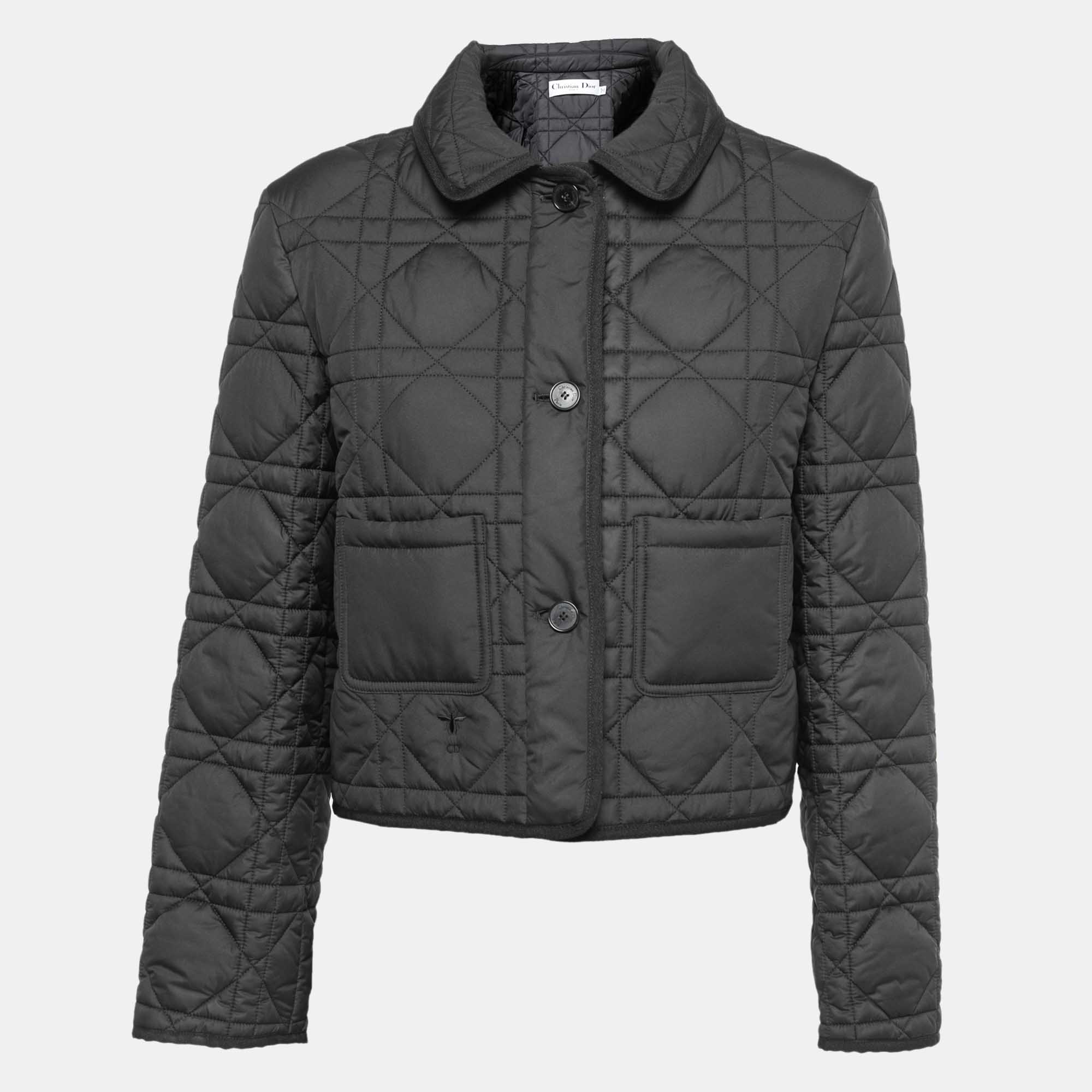 Pre Owned Dior Black Macro Cannage Quilted Synthetic Buttoned Crop Jacket L