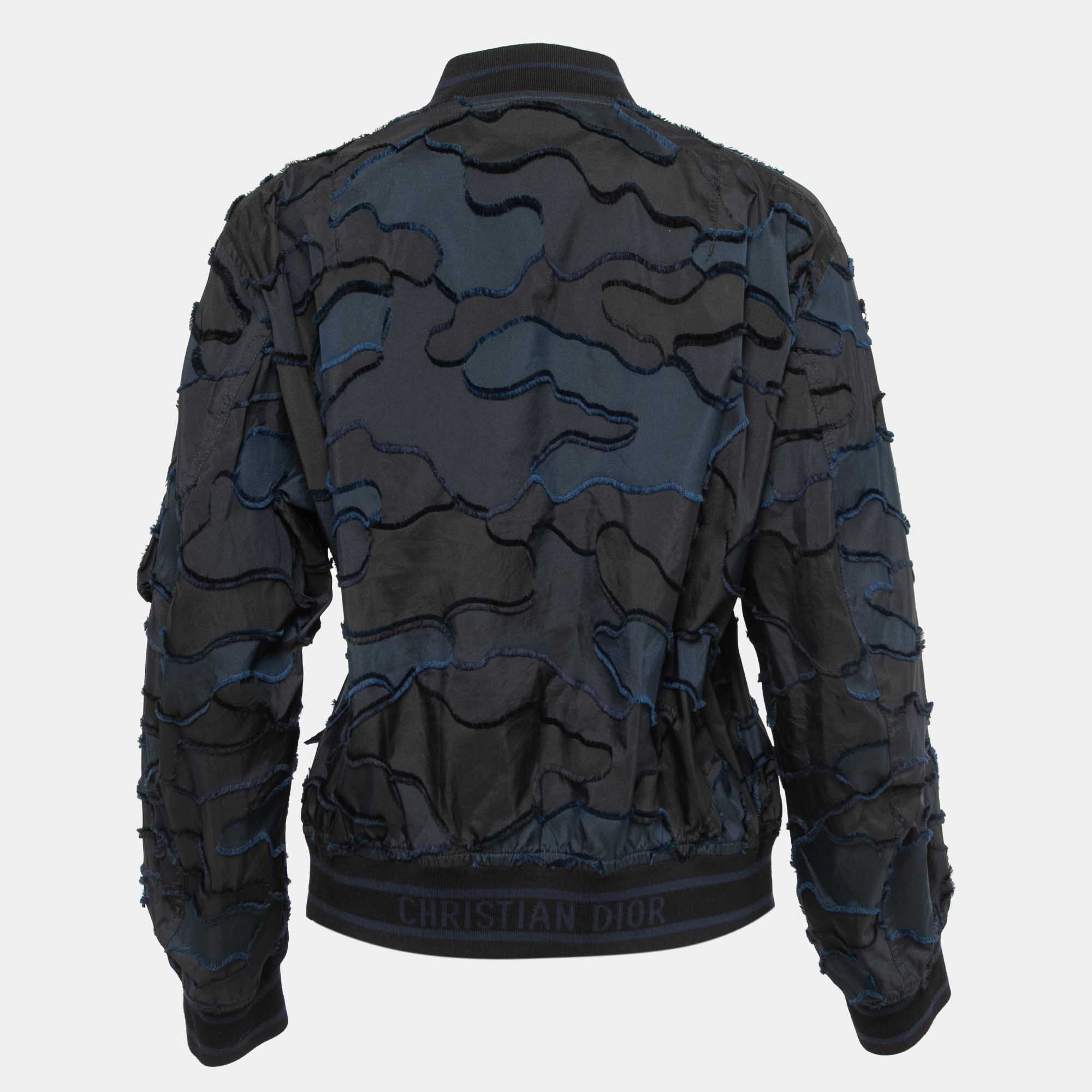 

Dior Navy Blue Textured Synthetic Zip Front Bomber Jacket